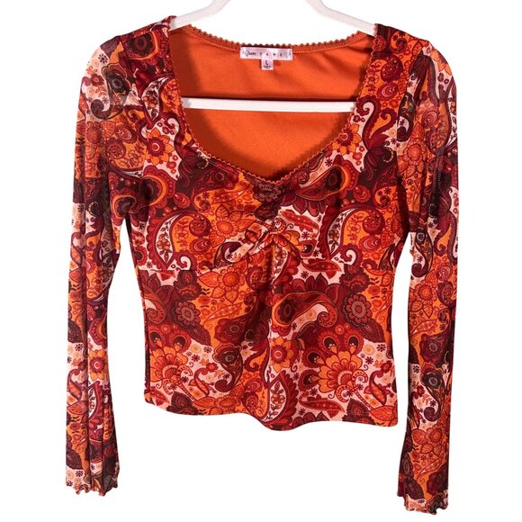 Retro Inspired Mesh Top Juniors L Orange Paisley Bell Sleeves Hippie Boho - Picture 1 of 9